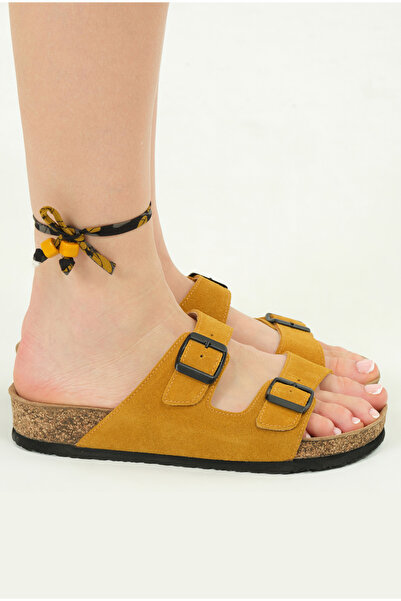 Lemoors Maria Natural Mushroom Genuine Leather Double Striped Mustard Yellow Women's Slippers