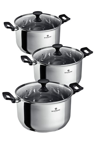 Blaumann Stainless Steel Cookware Set 6 Pcs Pots 16/20/24 Cm Gourmet Line Induction Dishwasher Safe