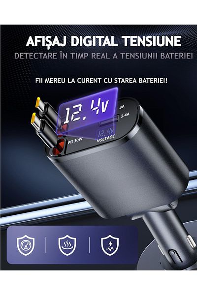 VENTLEX 4 In 1 Retractable Fast Car Charger, Digital Voltage Display, With Two Retractable Type C Cables