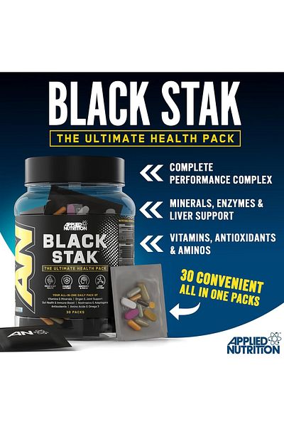 applied nutrition Black Stak, Complete Performance Complex, 30 All-in-one Sachets, Multivitamins Antioxidants And More