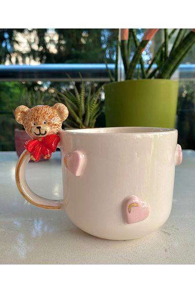 NOF Handmade Ceramic Real 24K Gold Decorated Teddy Heart Mug