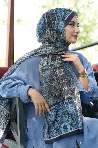 AFVENTE Ethnic Pattern Navy Blue Soft Cotton Shawl