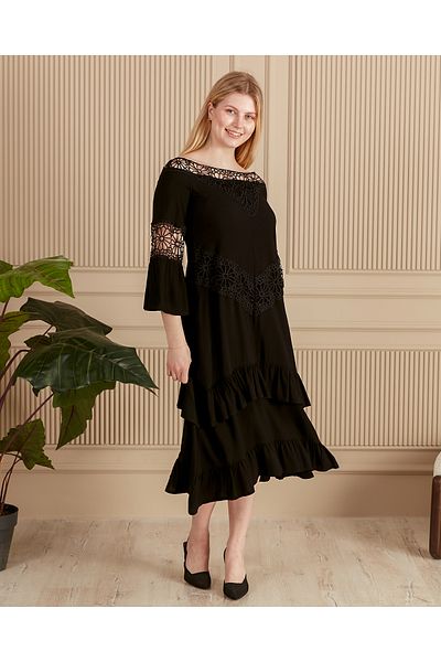 EL jadida Women's Lace Ruffle Plus Size Viscose Long Dress Black