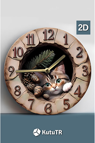 kutuTR 🐾 Patili Dostlarınız İçin Patili Saat – Kedi Temalı Doğal Duvar Saati sdw007