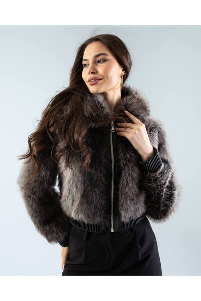Butic Kadın Gri Lüks Kısa Suni Kürk Bomber Mont | Fermuarlı | Şık Ve Modern