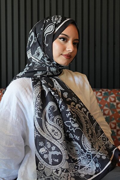 AFVENTE Damla Motif Pattern Black Soft Cotton Shawl