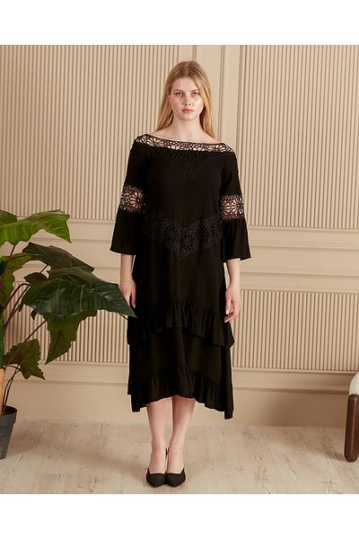 EL jadida Women's Lace Ruffle Plus Size Viscose Long Dress Black