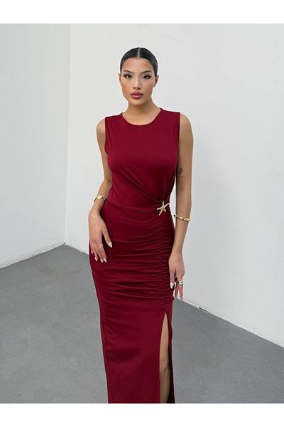 OLSAMODA Women's Accessories Detailed Drape Lycra Fabric Sleeveless Long Dress