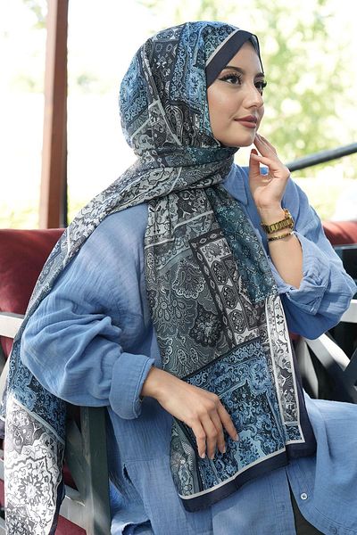 AFVENTE Μαλακό βαμβακερό σάλι Ethnic Pattern Navy Blue
