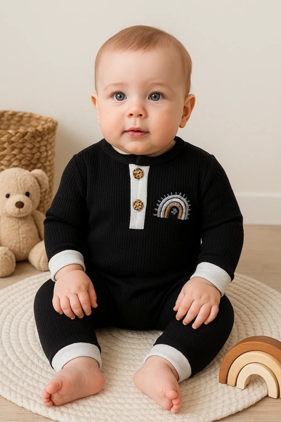 CNDR 3-9 Months Baby Boy Rompers Waffle Rainbow Embroidered Black