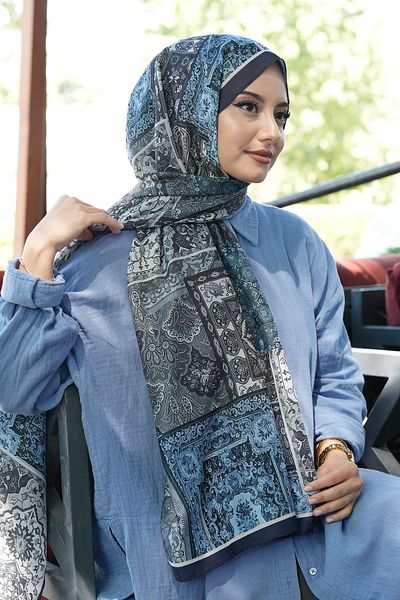 AFVENTE Μαλακό βαμβακερό σάλι Ethnic Pattern Navy Blue