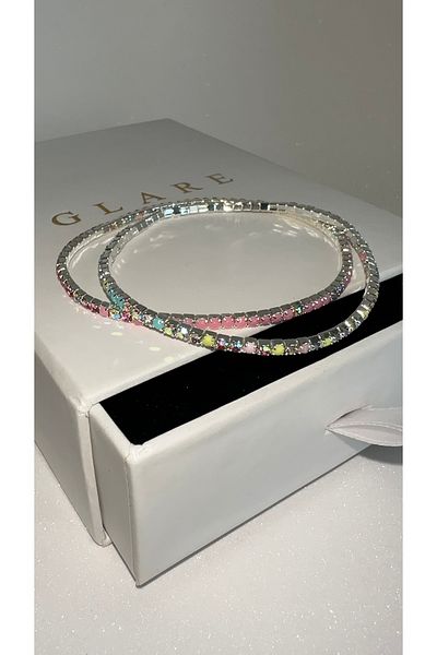 GLARE JEWELRY Pink and Colored Stone 2-Piece Flexible Stainless Steel Bracelet