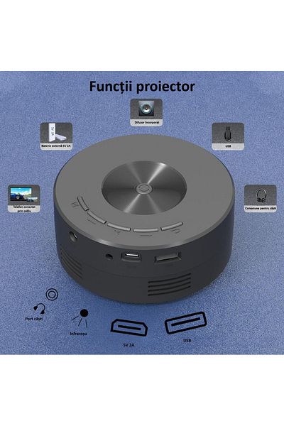 zyteq Mini proiector ZYTEQ®️ YT200, LED, difuzor integrat, USB, pt Android/iOS, compact, negru