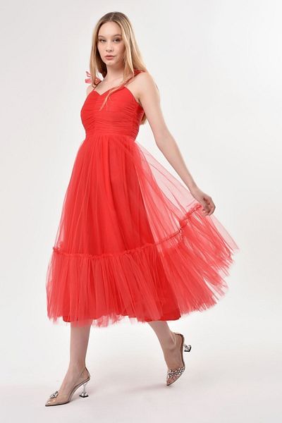 Asees Women's Evening Dress and Graduation Dress Colorful Tulle Evening Dress with Tie-Up Shoulders
