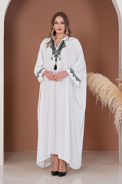 EMY TEKSTİL Women's Embroidered Plus Size Viscose Long Dress White