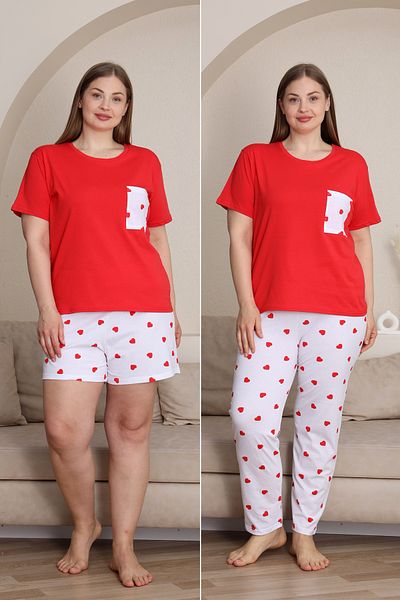 nisaNCa 100% Cotton Plus Size 3 Piece Pajamas Set for Women - Romantic Sleepwear with Tiny Heart Pattern in Red