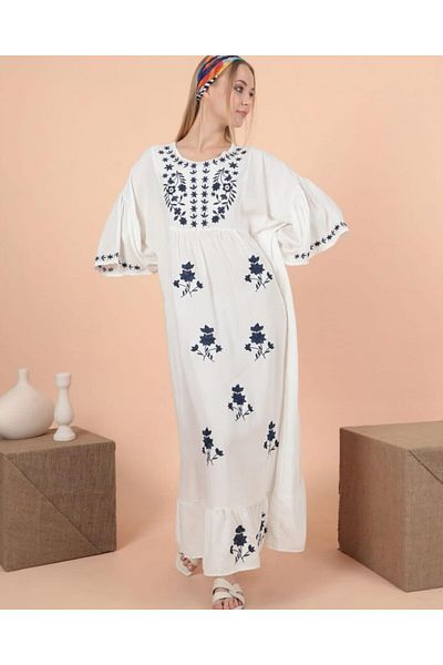 EL jadida Women's Embroidered Plus Size Long Viscose Dress White