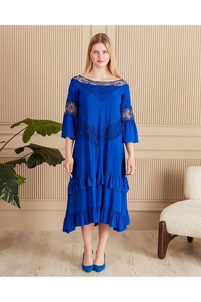 EL jadida Women's Lace Ruffle Plus Size Viscose Long Dress Black
