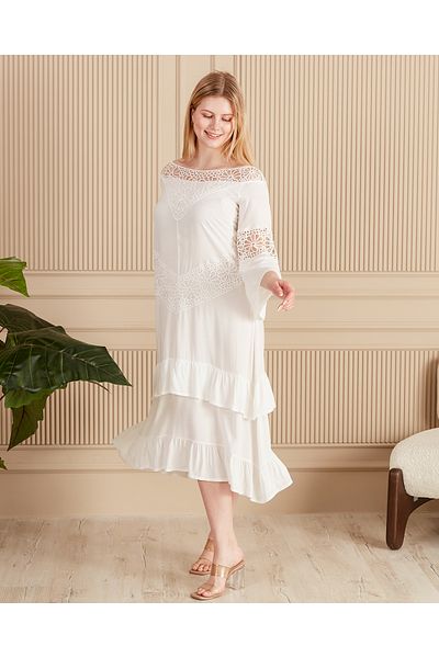 EL jadida Women's Lace Ruffle Plus Size Viscose Long Dress White