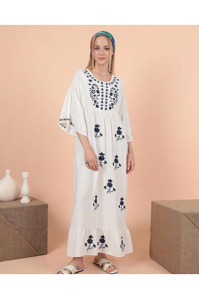 EL jadida Women's Embroidered Plus Size Long Viscose Dress White