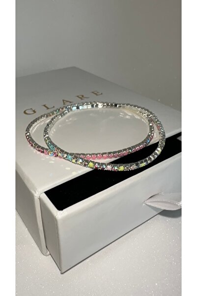 GLARE JEWELRY Pink and Colored Stone 2-Piece Flexible Stainless Steel Bracelet