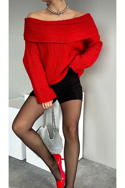 Lucens Women's Smoked Degaje Collar Open Shoulder Ribbed Fold Detailed Sweater