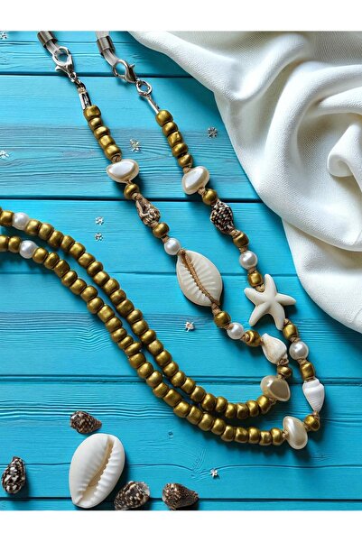 Amabel Jewelerys Gold Sand Beads with Scallop Shell, Starfish and Pearl Detail Women's Summer Glasses String
