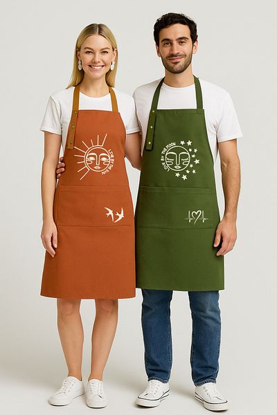 Hulganz Kitchen Apron Set of 2 Black Red Stain Resistant Water Repellent Fabric Fade Resistant Print Moon Sun Dowry Apron
