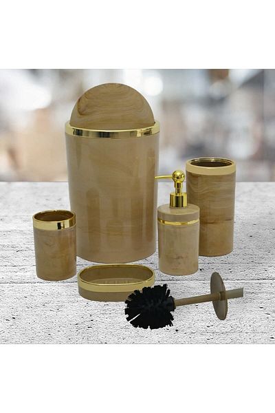 İmera Acrylic Round 5 Piece Marble Pattern Bathroom Set Cream-gold
