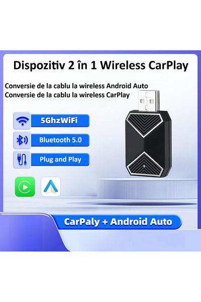 zyteq Adaptor wireless ZYTEQ® C11 2-in-1 CarPlay & Android Auto, WiFi 5GHz, Plug&Play, Negru