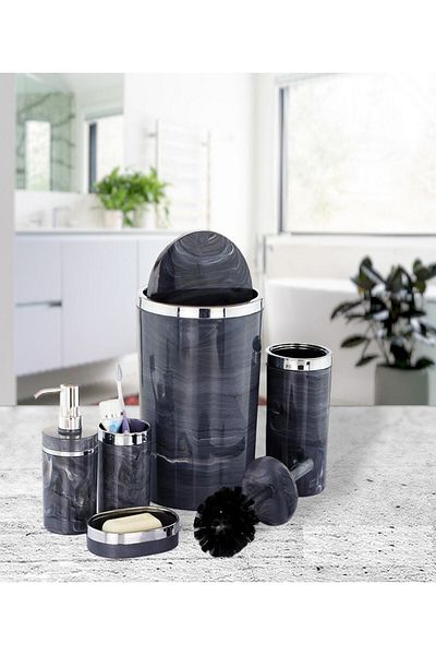 İmera Acrylic Round 5 Piece Marble Pattern Bathroom Set Gray Color Silver Pattern (HARD PLASTIC)
