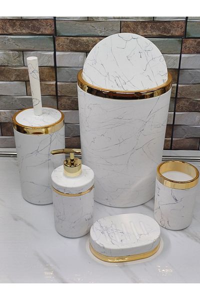 İmera 5 Piece White Bathroom Set - Acrylic Made, Round Marble-Granite Pattern