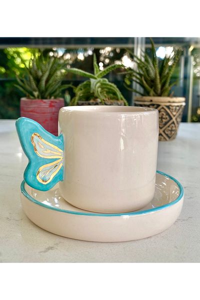 NOF Handmade Ceramic Real 24K Gold Decorated Butterfly Handle Turkish Coffee Cup