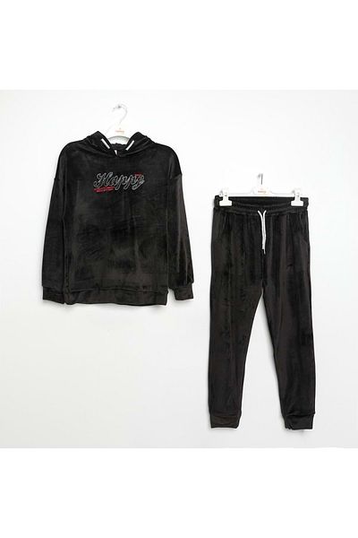 Nanica Kids Written Hooded Velvet Tracksuit Set-6/16 Years Black