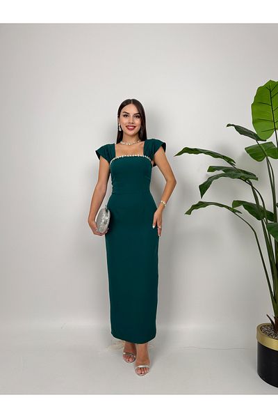 MISS JANEL Emerald Green Stone Detailed Dress