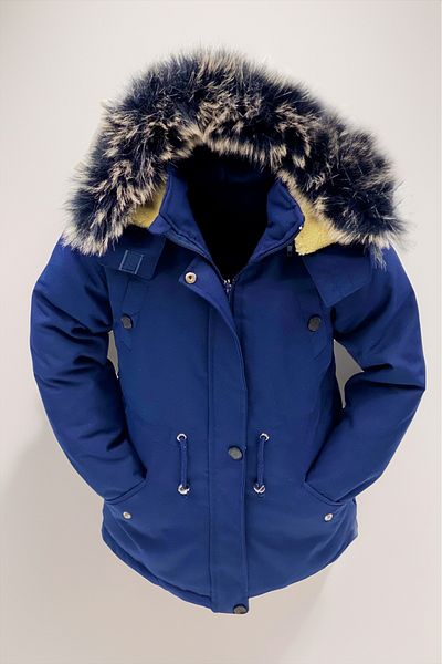 Asortik Kids Girls/Boys Unisex Winter Canvas Fabric Durable over Knee Fur Hooded Navy Blue Coat Coats