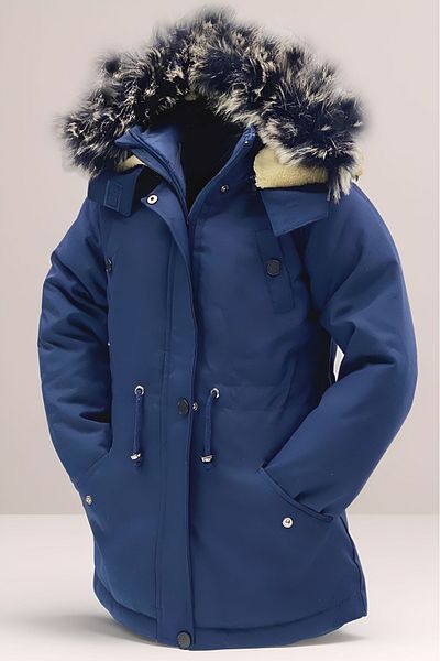 Asortik Kids Girls/Boys Unisex Winter Canvas Fabric Durable over Knee Fur Hooded Navy Blue Coat Coats