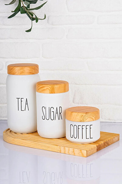 Woodcept Set of 3 Tea Sugar Coffee Glass Storage Jars, 300-650-1000 ml Glass Jar Set with Bamboo Lid Pattern