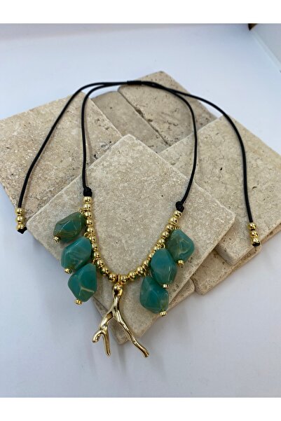 Byoz store Turquoise Deer Antler Leather Rope Gold Bead Detailed Adjustable N...