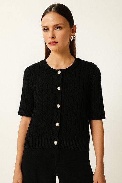 DEMİRBEY TEKSTİL Women's Black Crew Neck Hair Braided Short Sleeve Knitwear