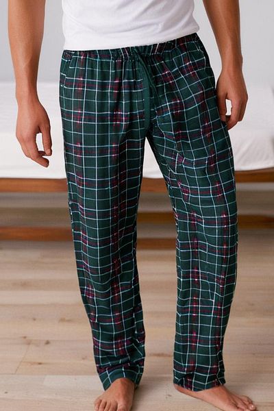 Elemge Men's Checkered Pajamas 2 Piece Set Loose Fit Drawstring Soft Green/Red