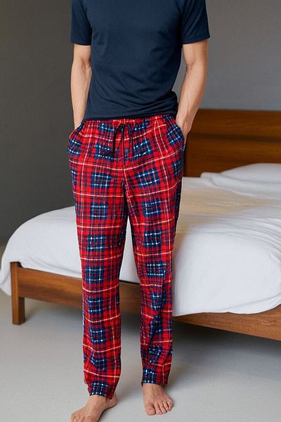 Elemge Men's Red Plaid Relax Fit Pajama Bottoms - Soft Suede with Pockets and Stretch