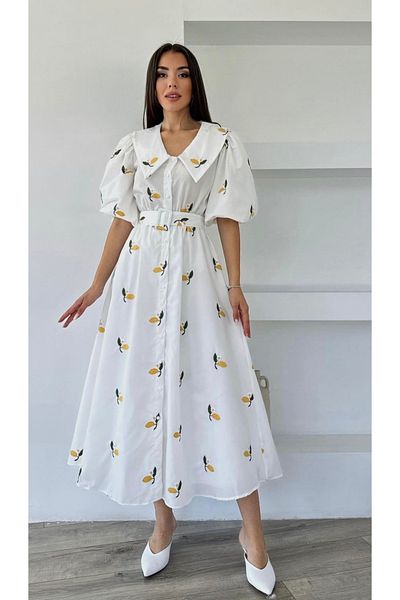 Afiş Butik White Baby Collar Floral Patterned Belted Midi Dress