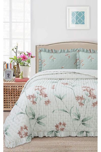 Bikaya Home Ruffled Patterned Double Bedspread Set - 240X260 cm