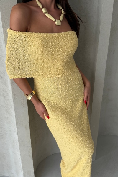 Ulino Sarı Dokulu Off Shoulder Uzun Yazlık Elbise