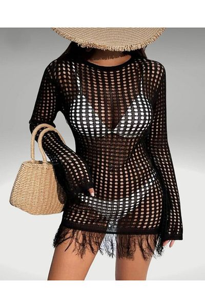 GNY TEXTİLE Openwork Pattern Crew Neck Tassel Detail Bikini Top Long Sleeve Beach Dress