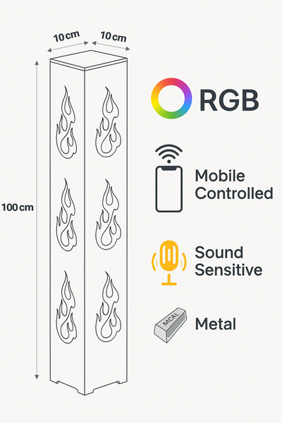 ARTILED RGB Alev Desenli Dekoratif Akıllı Lambader – Mobil Uyumlu Metal Gövde,