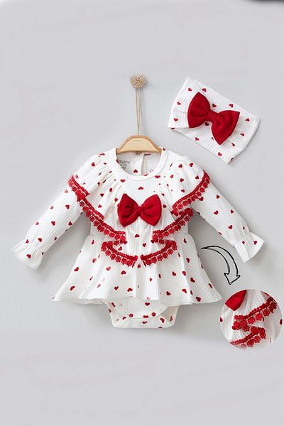 candar 3-12 Months Guipure Detail Heart Baby Girl Romper Red