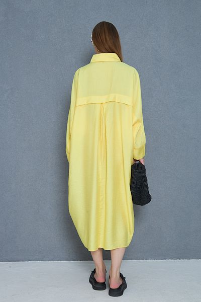 Pasaklı Giyim Women's Bat Sleeve Suitable for Hijab Shirt Dress Linen Blended Yellow Tunic 3282420