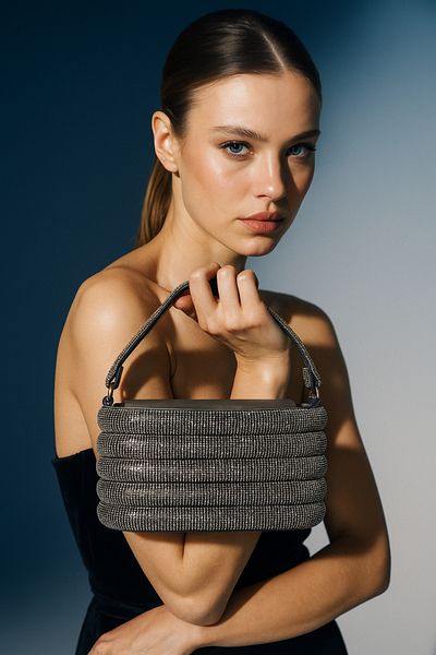 Biçanta Anthracite Gray Platinum Crystal Stone Evening Dress Bag – Sparkling Portfolio and Shoulder Use |   Night Elegance